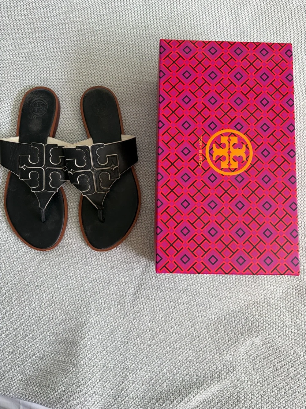 Women’s Black Leather Logo T-strap Slide Sandals